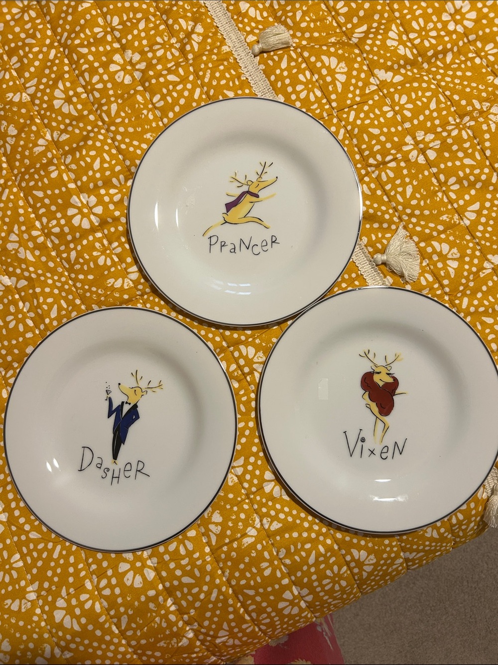 Pottery Barn White Plate with Red and Yellow Vixen  Prancer and Dasher Motif